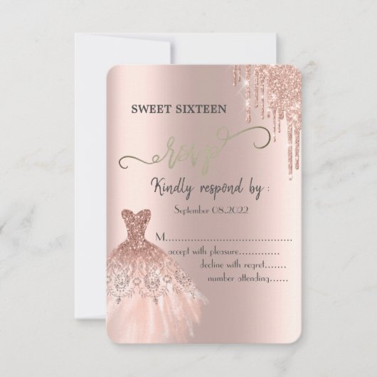 Roos Gold Glitter-schijven Dress Sweet 16 RSVP Kaart (Voorkant)