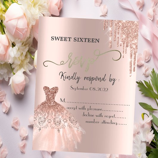 Roos Gold Glitter-schijven Dress Sweet 16 RSVP Kaart