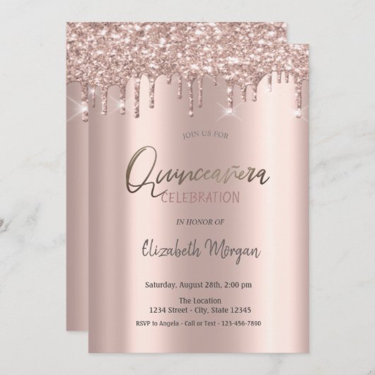 Roos Gold Glitter-schijven Quinceanera Kaart (Voorkant / Achterkant)