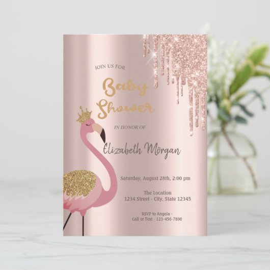 Roos Gold Glitter-schijven, roze flamingos Kaart (Staand voorkant)