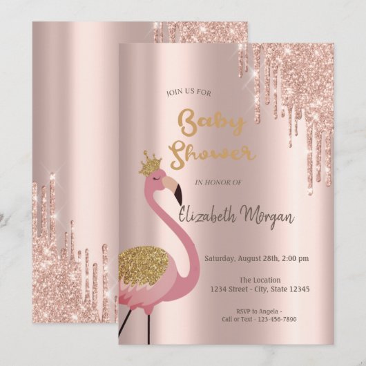 Roos Gold Glitter-schijven, roze flamingos Kaart (Voorkant / Achterkant)