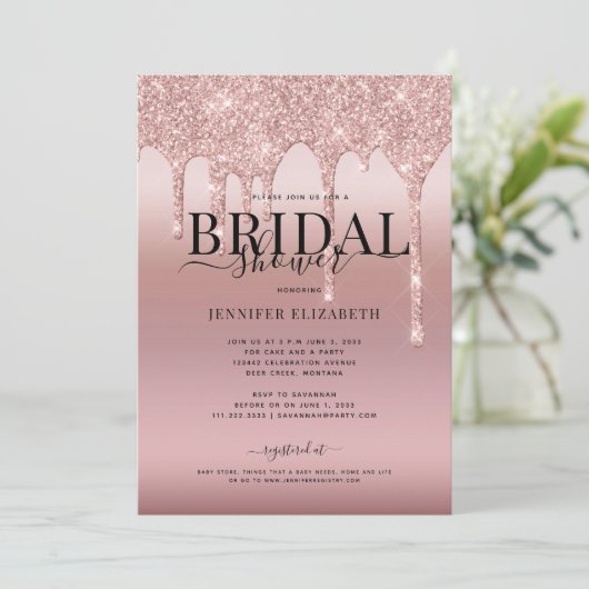 Roos Gold Glitter Script Bridal Kaart (Staand voorkant)