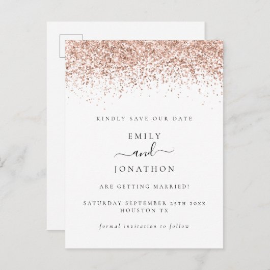 Roos Gold Glitter Script Elegant Save the Date Aankondigingskaart (Voorkant / Achterkant)