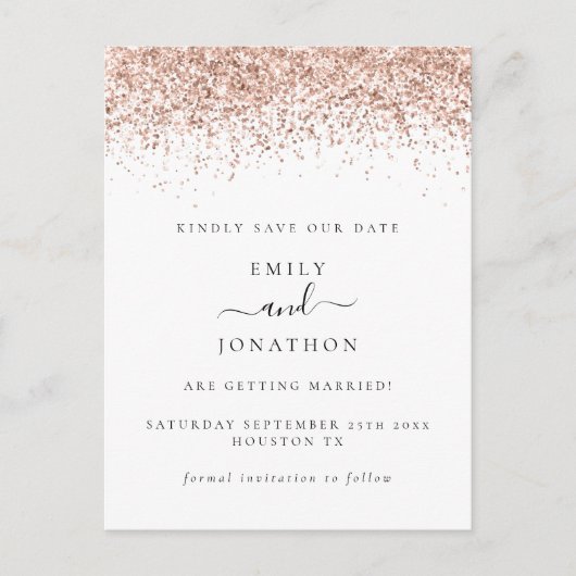 Roos Gold Glitter Script Elegant Save the Date Aankondigingskaart (Voorkant)