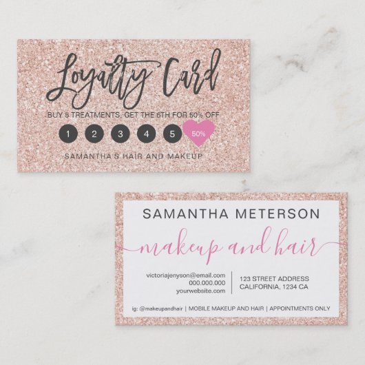 Roos Gold glitter script make-up hair roze hart Klantenkaartje (Voorkant / Achterkant)