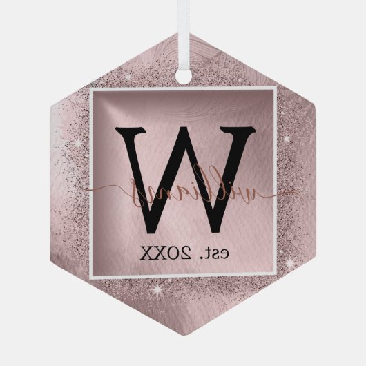 Roos Gold Glitter Script Monogram Glas Ornament (Achterkant)