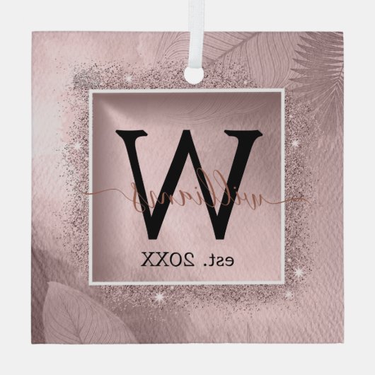 Roos Gold Glitter Script Monogram Glas Ornament (Achterkant)