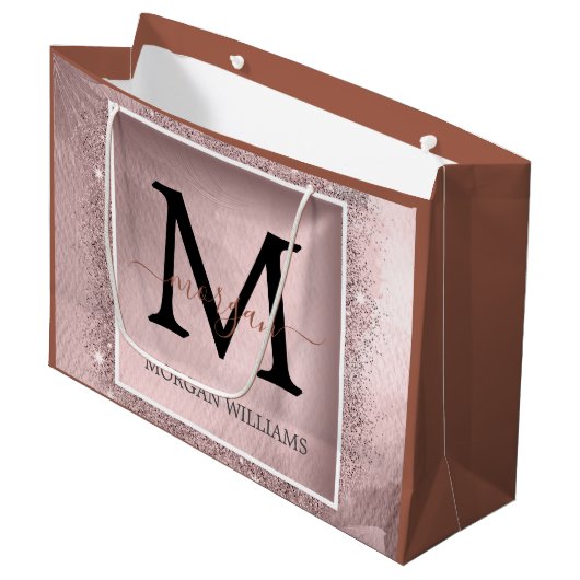 Roos Gold Glitter Script Monogram Groot Cadeauzakje (Voorkant Gekanteld)