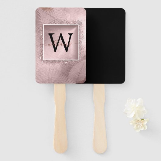 Roos Gold Glitter Script Monogram Handwaaier (Voorkant en achterkant)