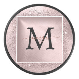 Roos Gold Glitter Script Monogram Hockey Puck