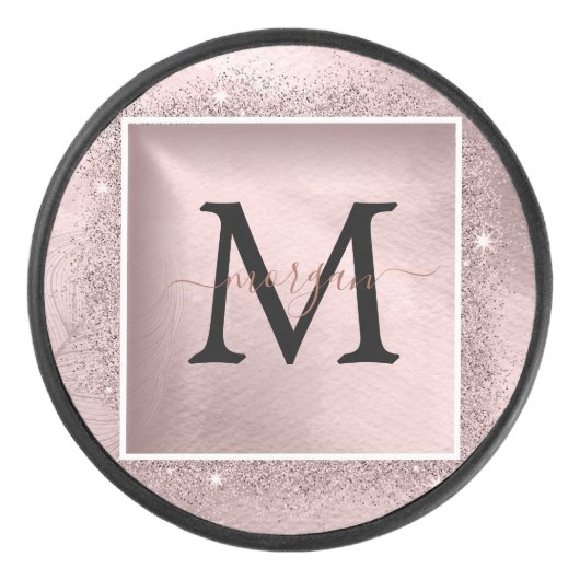 Roos Gold Glitter Script Monogram Hockey Puck (Voorkant)