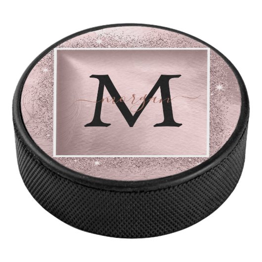 Roos Gold Glitter Script Monogram Hockey Puck (3/4)