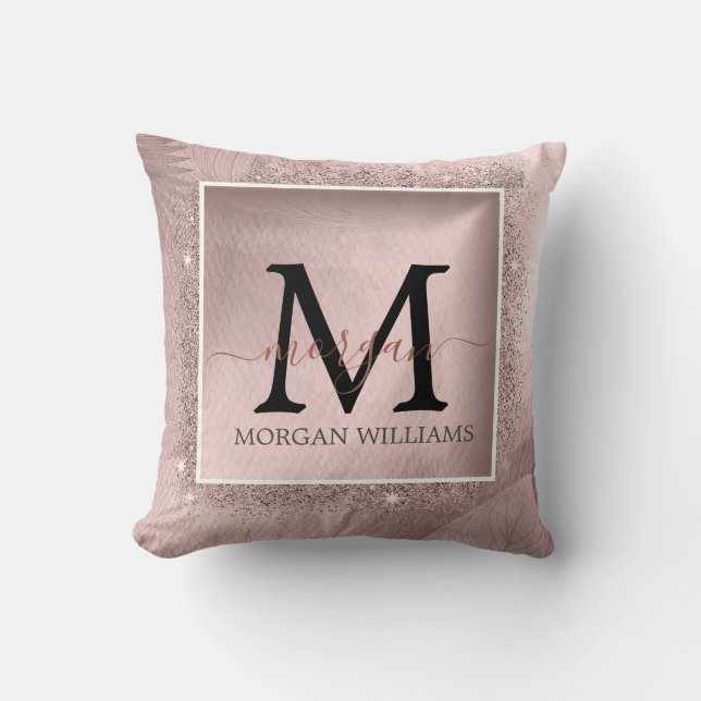 Roos Gold Glitter Script Monogram Kussen (Voorkant)