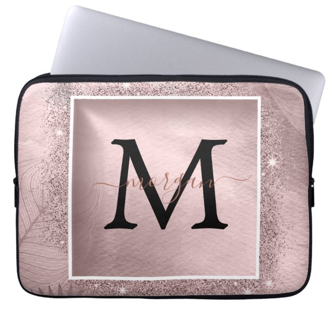 Roos Gold Glitter Script Monogram Laptop Sleeve (Voorkant)