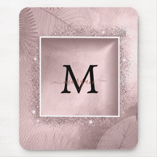 Roos Gold Glitter Script Monogram Muismat (Voorkant)