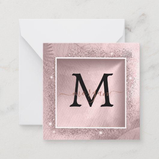 Roos Gold Glitter Script Monogram Notitiekaartje (Voorkant)