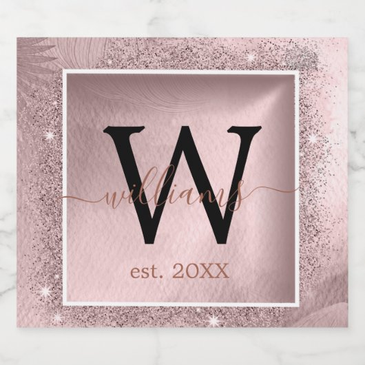 Roos Gold Glitter Script Monogram Sparkling Wijnetiket (Enkel label)