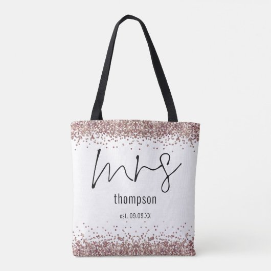 Roos Gold Glitter Script Mrs Name Date Bride Tote Bag (Achterkant)