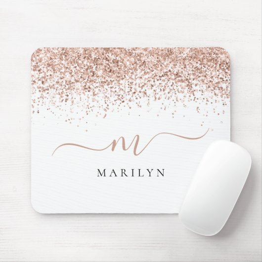 Roos Gold Glitter Script Name Monogram Initiaal Muismat (Met muis)