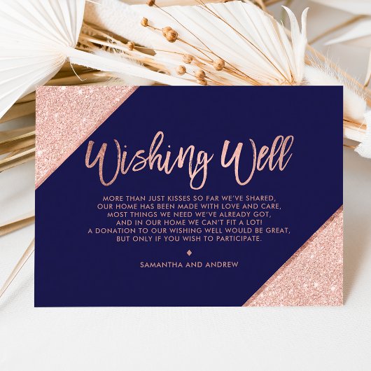 Roos gold glitter script navy blue die goed wil informatiekaartje