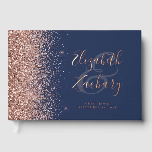 Roos Gold Glitter Script Navy Blue Gastenboek (Voorkant)