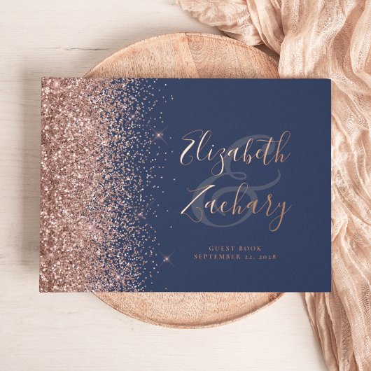 Roos Gold Glitter Script Navy Blue Gastenboek