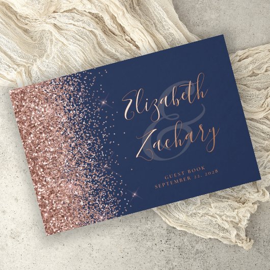 Roos Gold Glitter Script Navy Blue Gastenboek