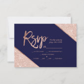 Roos gold glitter script navy blue rsvp bruiloft 2 kaartje (Voorkant)