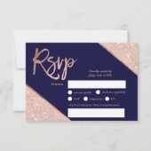 Roos gold glitter script navy blue rsvp bruiloft kaartje (Voorkant)