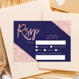 Roos gold glitter script navy blue rsvp bruiloft kaartje