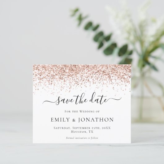 Roos Gold Glitter Script Save the Date (Staand voorkant)
