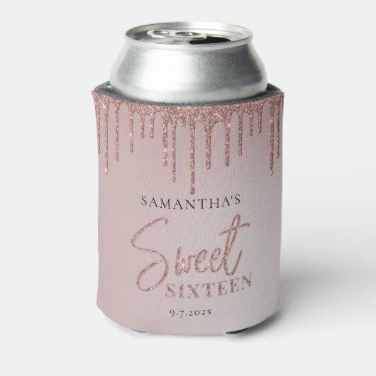 Roos Gold Glitter Script Sweet 16 Birthday Party Blikjeskoeler (Blikje Achterkant)