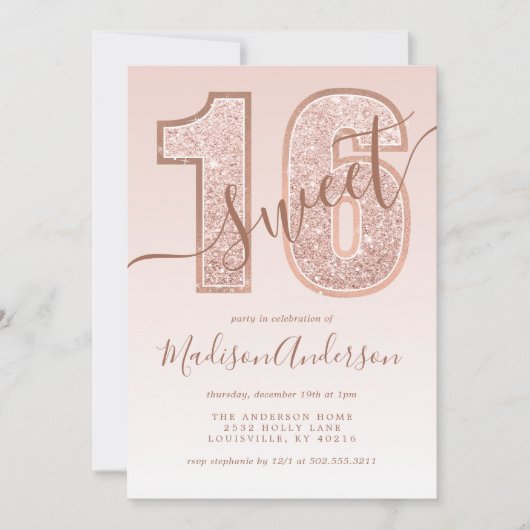 Roos Gold Glitter Script Sweet 16 Birthday Party Kaart (Voorkant)