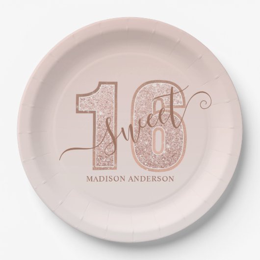 Roos Gold Glitter Script Sweet 16 zaterdag Papieren Bordje (Voorkant)