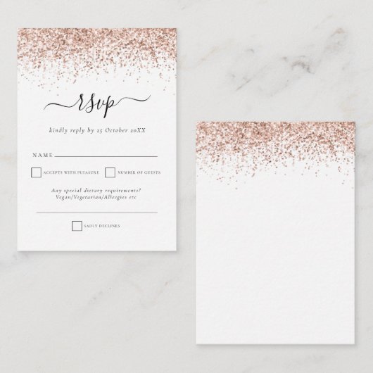 Roos Gold Glitter Script Wedding RSVP Enclosure Ca Notitiekaartje (Voorkant / Achterkant)
