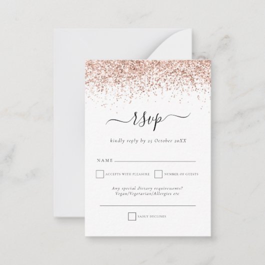 Roos Gold Glitter Script Wedding RSVP Enclosure Ca Notitiekaartje (Voorkant)