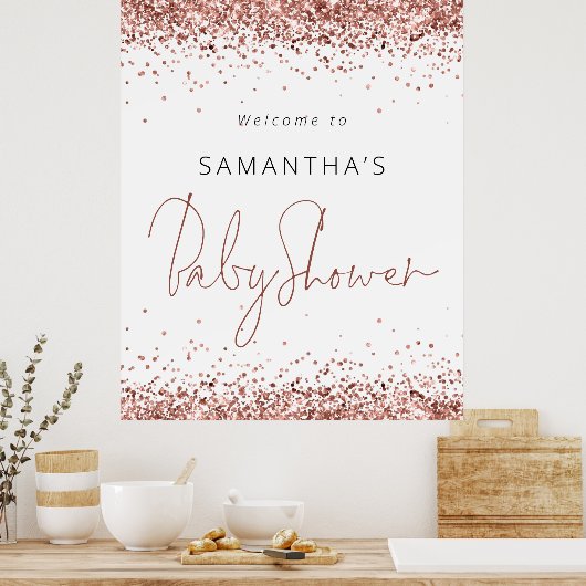 Roos Gold Glitter Script Welkom bij Baby shower Poster (Keuken)