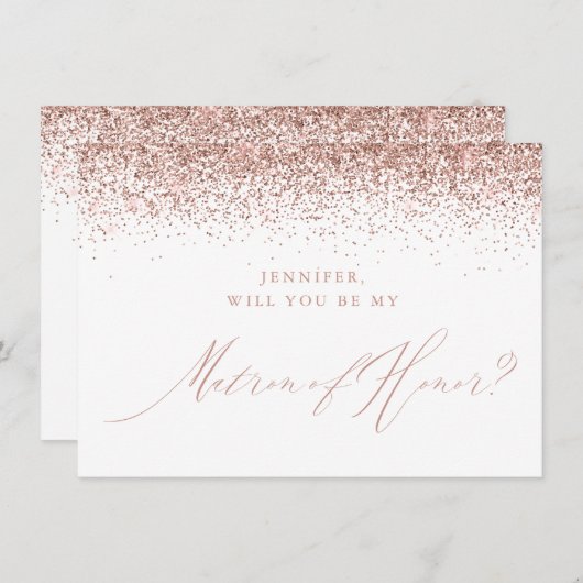 Roos Gold Glitter Script White Matron of Honor Kaart (Voorkant / Achterkant)