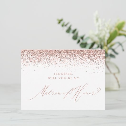 Roos Gold Glitter Script White Matron of Honor Kaart (Staand voorkant)
