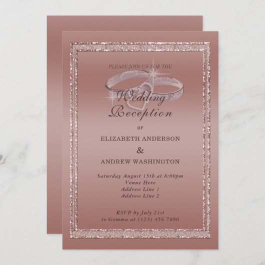 Roos Gold Glitter, Silver Rings Wedding Reception Kaart (Voorkant / Achterkant)