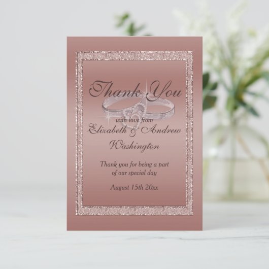 Roos Gold Glitter & Silver Wedding Rings Bedankkaart (Staand voorkant)