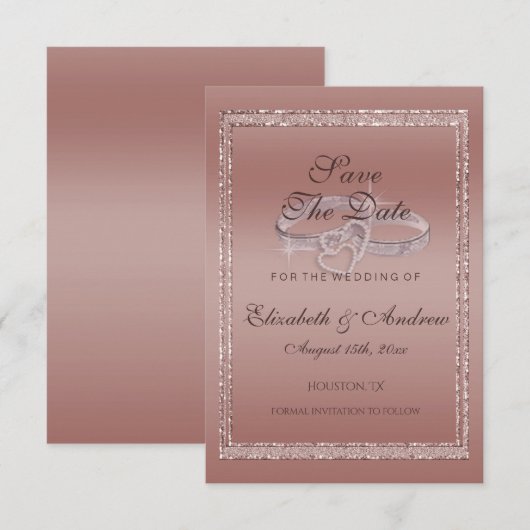 Roos Gold Glitter & Silver Wedding Rings Save The Date (Voorkant / Achterkant)