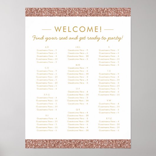 Roos Gold Glitter Small Alfabetical Seat Chart Poster (Voorkant)
