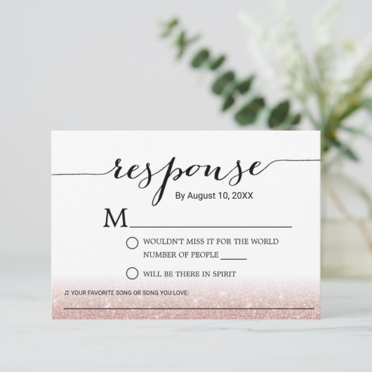 Roos Gold Glitter Song Request Wedding RSVP (Staand voorkant)