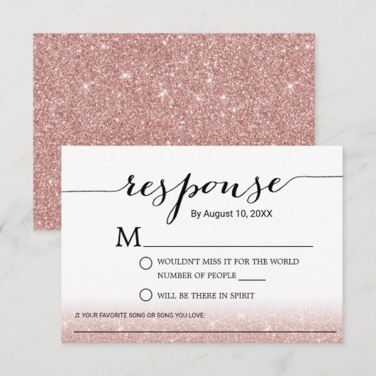 Roos Gold Glitter Song Request Wedding RSVP Kaartje (Voorkant / Achterkant)