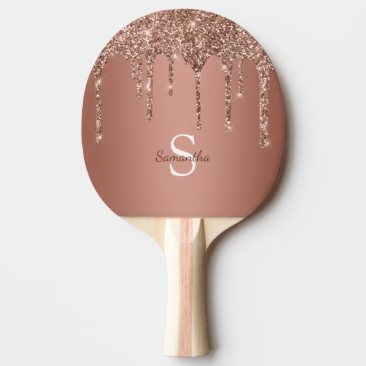Roos Gold Glitter Sparkle Drift Monogram Naam Tafeltennisbatje (Voorkant)