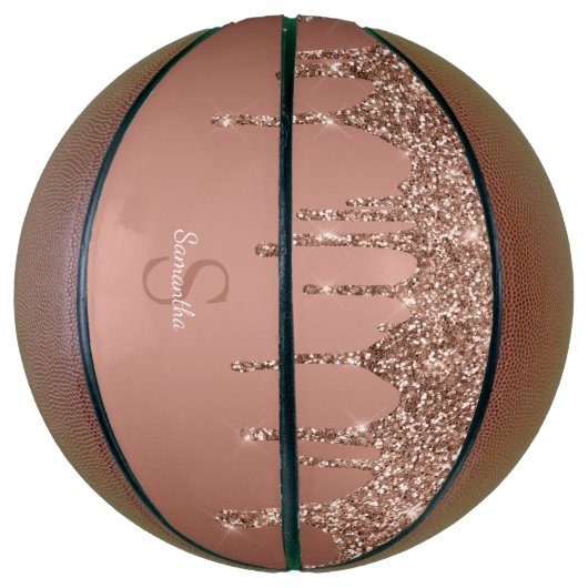 Roos Gold Glitter Sparkle Drip Monogram Naam Basketbal (Verticaal)