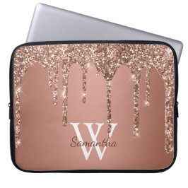 Roos Gold Glitter Sparkle Drip Monogram Naam Laptop Sleeve
