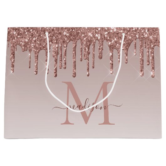 Roos Gold Glitter Sparkle Drips Monogram Script Groot Cadeauzakje (Voorkant)