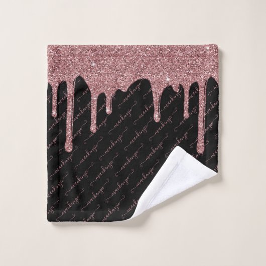 Roos Gold Glitter Sparkle Drips Script Naam Zwart Bad Handdoek (Wasdoekje)